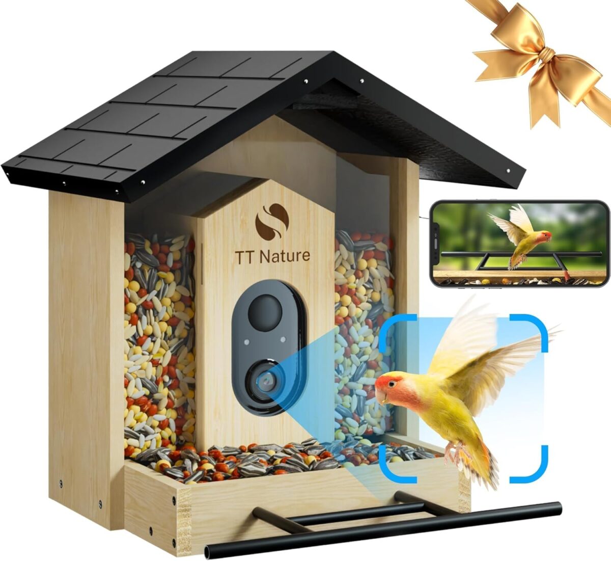 Bird Feeder with Camera, Upgraded 1.5L Smart Bird Feeder with AI Identify for 10000 Plus Bird Species, Auto Capture Bird & Real-time Notifications, Ideal Gift for Bird Lovers (Iron Roof) - Image 1