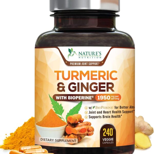 Turmeric Curcumin Supplement 1950mg with Organic Turmeric & Ginger, 95% Curcuminoids, BioPerine Black Pepper for Best Absorption, Nature's Vegan Joint Support, Non-GMO, Bottled in USA - 240 Capsules
