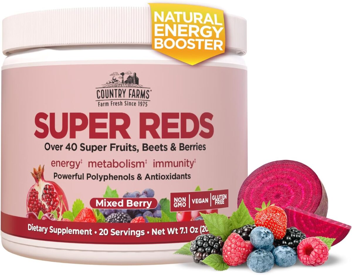 COUNTRY FARMS Super Reds, Energizing Polyphenol Superfood, 48 Super Fruits and Berries, Powerful Antioxidants and Polyphenols, Supports Energy, 20 Servings, Mixed Berry Flavor - Image 1