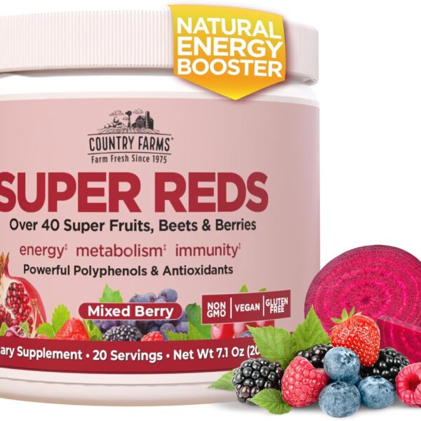 COUNTRY FARMS Super Reds, Energizing Polyphenol Superfood, 48 Super Fruits and Berries, Powerful Antioxidants and Polyphenols, Supports Energy, 20 Servings, Mixed Berry Flavor