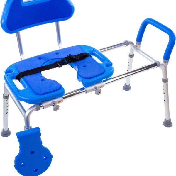 Platinum Health Sliding Shower Chair HydroGlyde Premium Heavy Duty, Padded Bathtub Transfer Bench with Cut Out Seat, for Bath Tub, Adjustable Legs, and Safety Belt, Quick Tool-Less Assembly, Blue