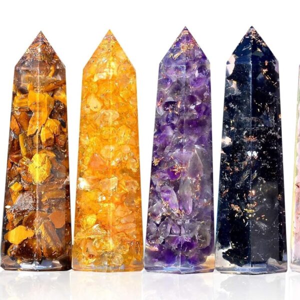 Healing Crystal Wand Set of 6 Orgonite – Includes 3” Amethyst Crystal, Tigers Eye, Rose Quartz, Black Tourmaline Stone, Citrine and Clear Quartz Orgone Crystal Plus Black Tourmaline Necklace