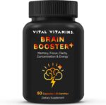 Vital Vitamins Nootropic Brain Supplement Plus - for Memory, Focus, Concentration, Neuro Energy, Clarity - with Lion's Mane Mushrooms - 60 Capsules
