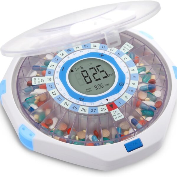 LiveFine WiFi Automatic Pill Dispenser and Remote Medication Monitoring System with Locking Key, 28-Day Medication Organizer Up To 9 Doses Per, Adjustable Light/Sound Alarms For Prescriptions & Vitami