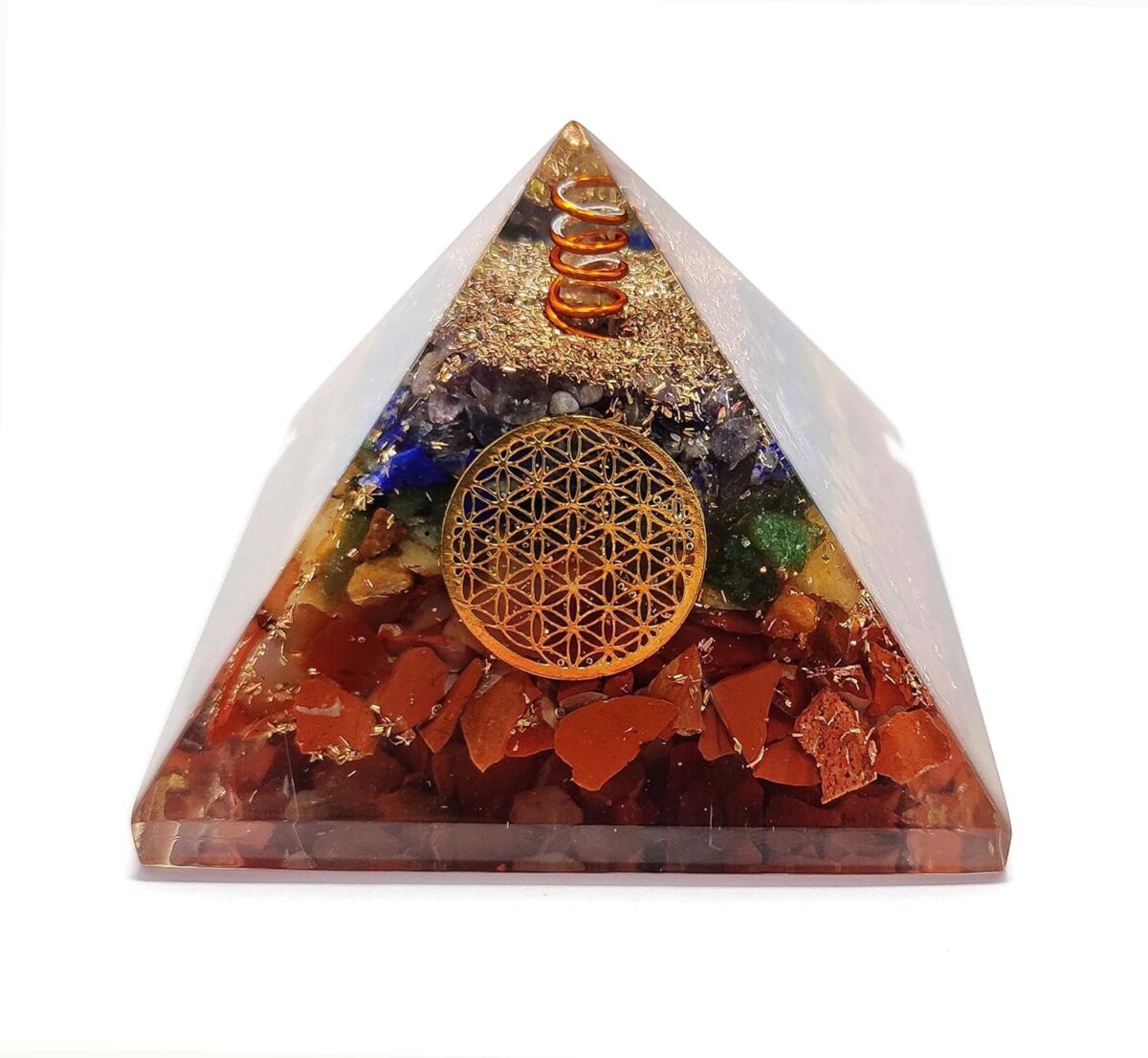 Seven Chakra Orgone Crystal Pyramid with Flower of Life Symbol for Reiki Healing, Chakra Balancing, Aura Cleansing, Energy Generator, Yoga Meditation Size: 60-70 MM - Image 2