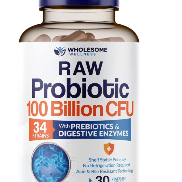 Wholesome Wellness Organic Raw Probiotics 100 Billion CFU, Dr Formulated for Women and Men, Complete Adult Supplement with Prebiotics and Digestive Enzymes; 30 Capsules, Shelf Stable