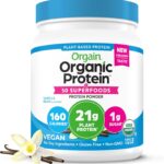 Orgain Organic Vegan Protein + 50 Superfoods Powder, Vanilla Bean - 21g Plant Based Protein, 8g Prebiotic Fiber, No Lactose Ingredients, Gluten Free, No Added Sugar, 1.12 lb (Packaging May Vary)