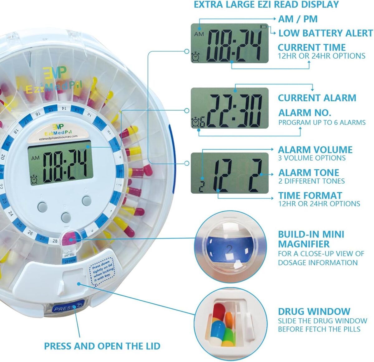 EziMedPil Automatic Pill Dispenser w/Audio & Visual Alerts, up to 6 Alarms/day, Easy-Read LCD Display, 6 Dosage Templates, Lock Medication Dispenser w/Key for Vitamins, Prescriptions & More, Clear Lid - Image 4