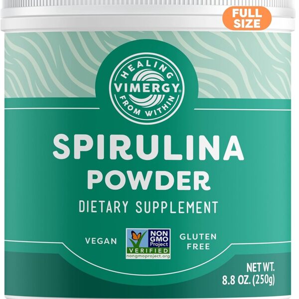 Vimergy Spirulina Powder – Concentrated Plant Protein Supports Immune Health & Cardiovascular Function – Vegan, Kosher, Gluten-Free – 250g