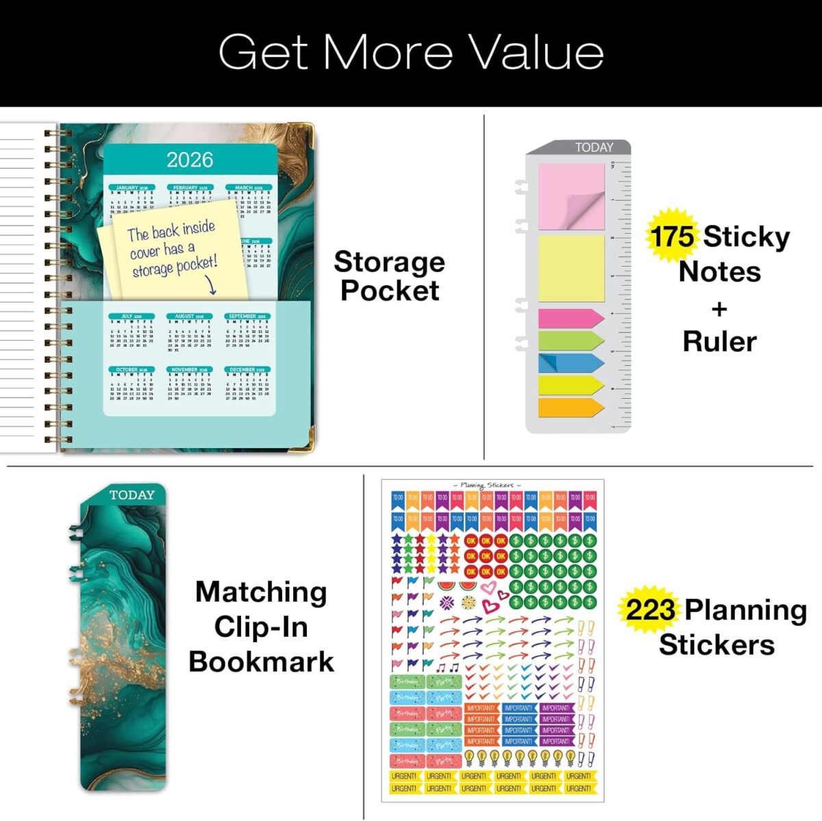 HARDCOVER 2025 Planner, 8.5"x11": 14 Months (November 2024 - December 2025), Daily Weekly Monthly Planner, Yearly Agenda, Bookmark, Pocket Folder and Sticky Note Set (Teal Gold Marble) - Image 2