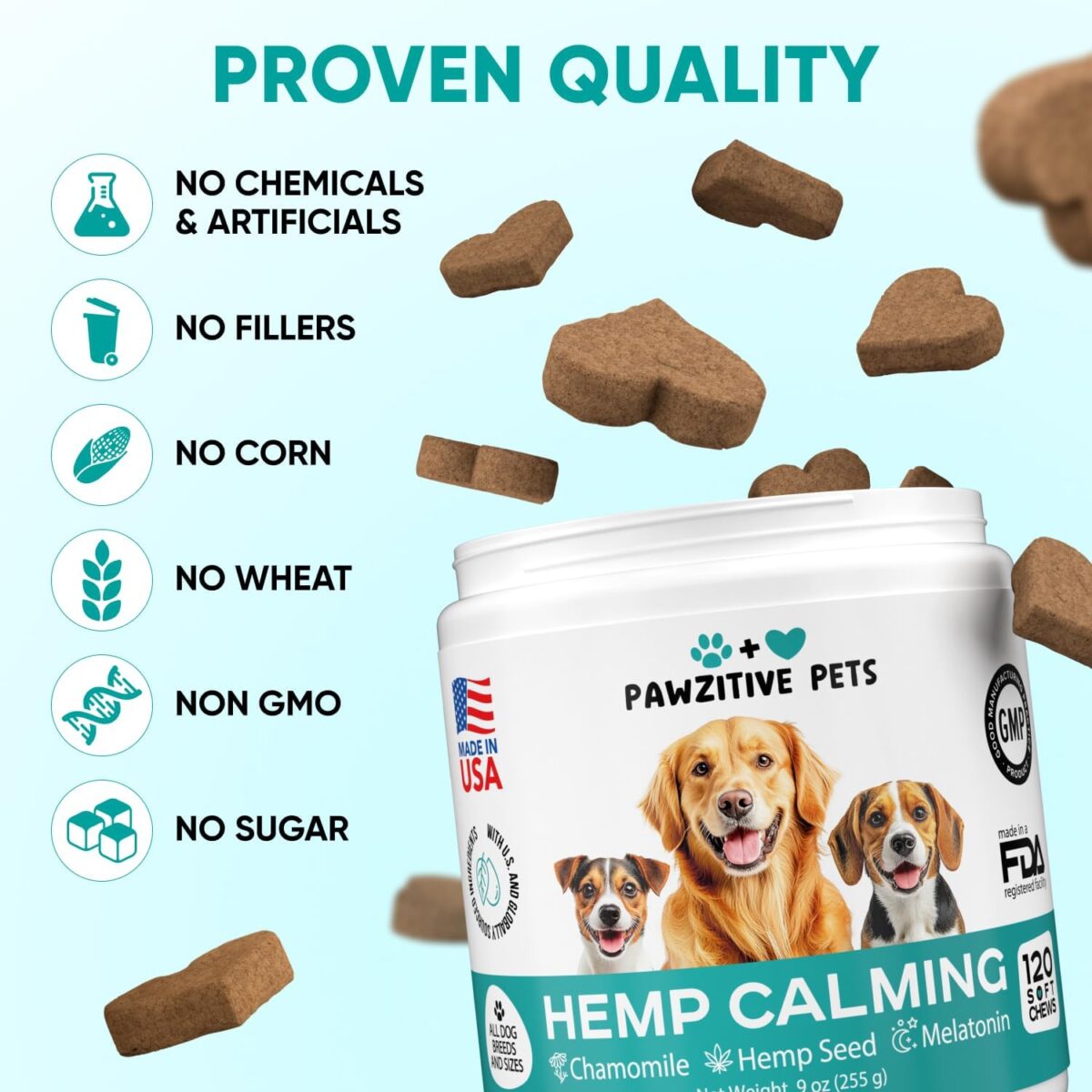 Hemp Calming Chews for Dogs - Dog Calming Chews for Anxiety Relief, Stress, Separation, Fireworks, Thunder, Travel, Vet Visits - USA Product - 120 Soft Treats with Melatonin, Chamomile, Passion Flower - Image 6
