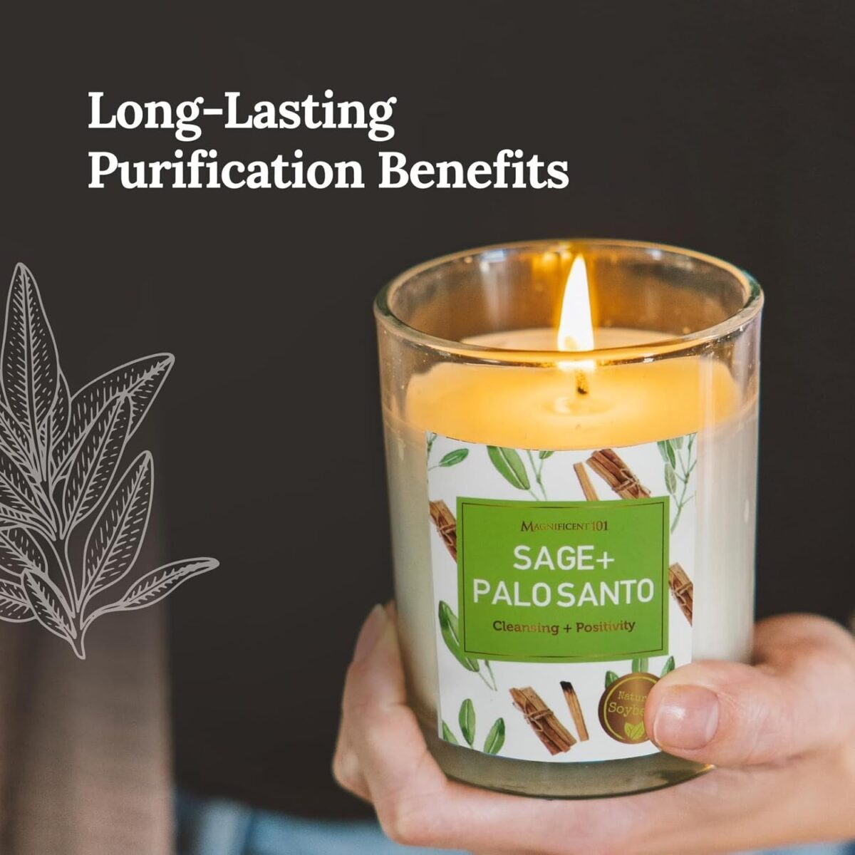 Magnificent 101 3 Long Lasting Pure Sage + Palo Santo Candles | 3.5 Oz Each - 42 Hour Burn | Natural, Organic Soy Candles for House Energy Cleansing & Manifestation Sage Smudge Kit Incense - Image 2