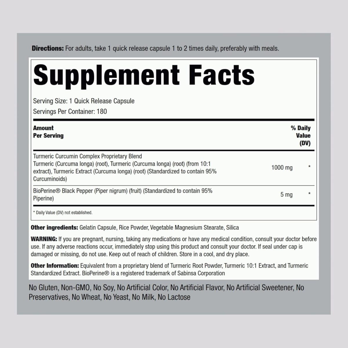 Piping Rock Turmeric Curcumin with Black Pepper 1000mg | 180 Capsules | Standardized Extract Complex | Herbal Supplement | Non-GMO, Gluten Free - Image 2