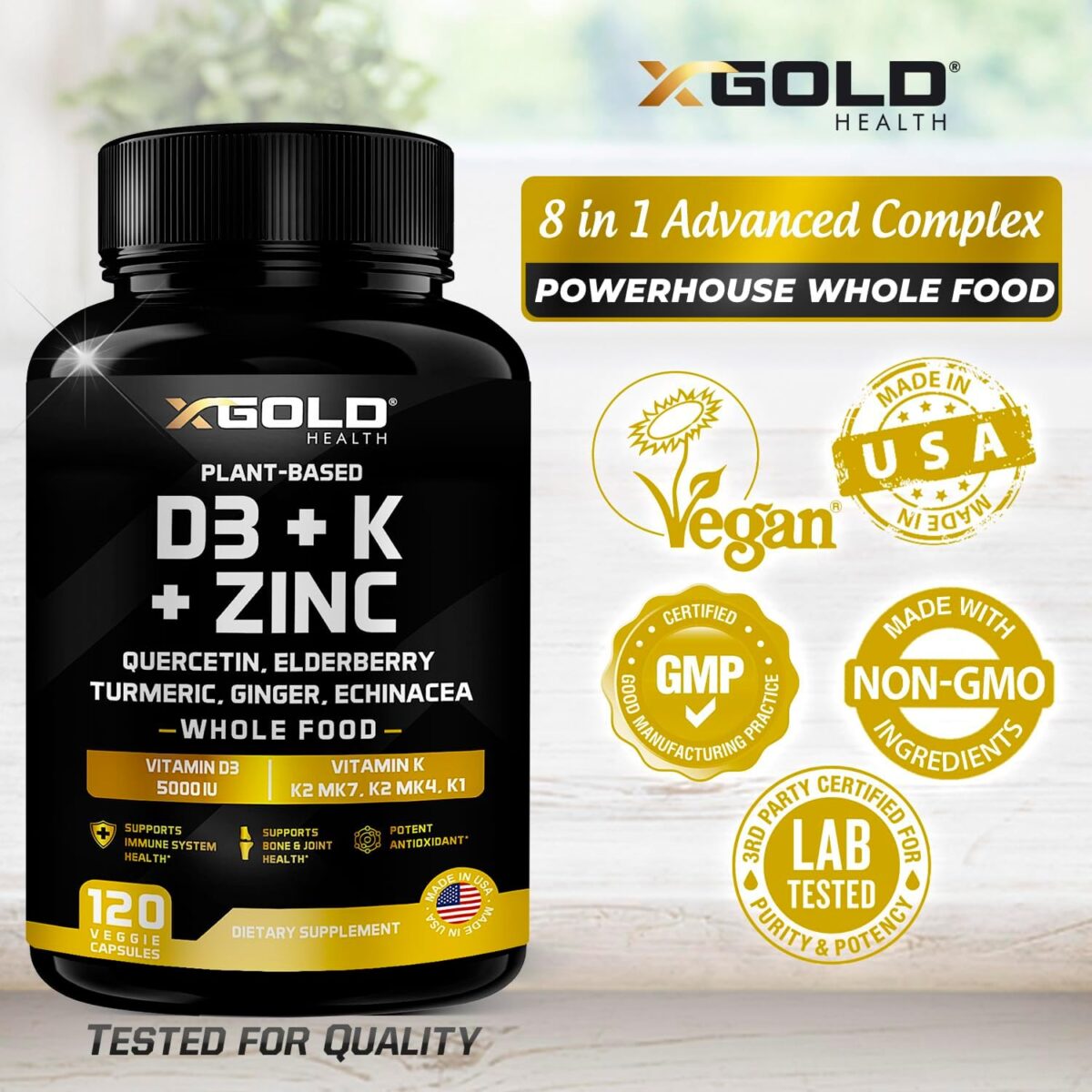 Vitamin D, K2, K1, Zinc, Quercetin, Elderberry, Turmeric, Ginger & Echinacea Whole Food Supplement 8 in 1- D3 5000 IU Plant-Based from Lichen, Vitamin K (K2 MK7, MK4, K1), D3 K2 Vitamins -120 Capsules - Image 4