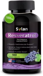 SYLAN Resveratrol Supplement, 1000mg, 180 Veggie Capsules, Antioxidant, Supports Heart, Joint, Brain, Immune Health & Anti-Aging, Non-GMO, Made in USA, Resveratrol 500mg Powder per Capsul