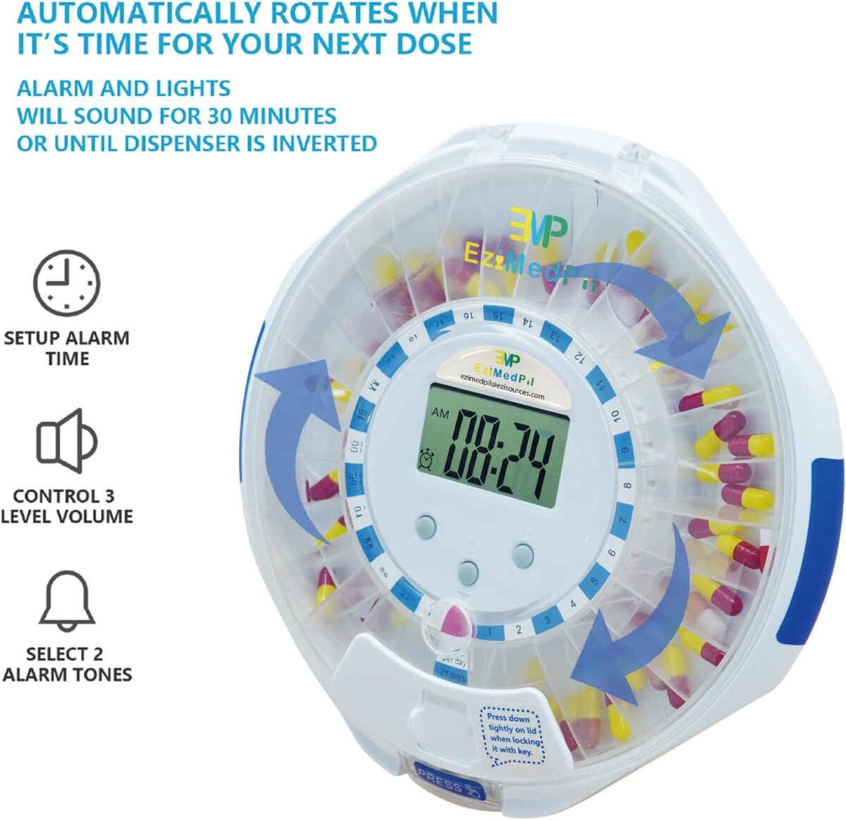 EziMedPil Automatic Pill Dispenser w/Audio & Visual Alerts, up to 6 Alarms/day, Easy-Read LCD Display, 6 Dosage Templates, Lock Medication Dispenser w/Key for Vitamins, Prescriptions & More, Clear Lid - Image 3