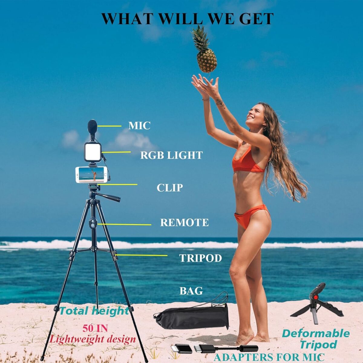 Vlogging Kit for iPhone, Vlogging kit for Android Phone,YouTube Starter Kit with Two Tripods Light Microphone Remote and Jack Adapter - Image 6