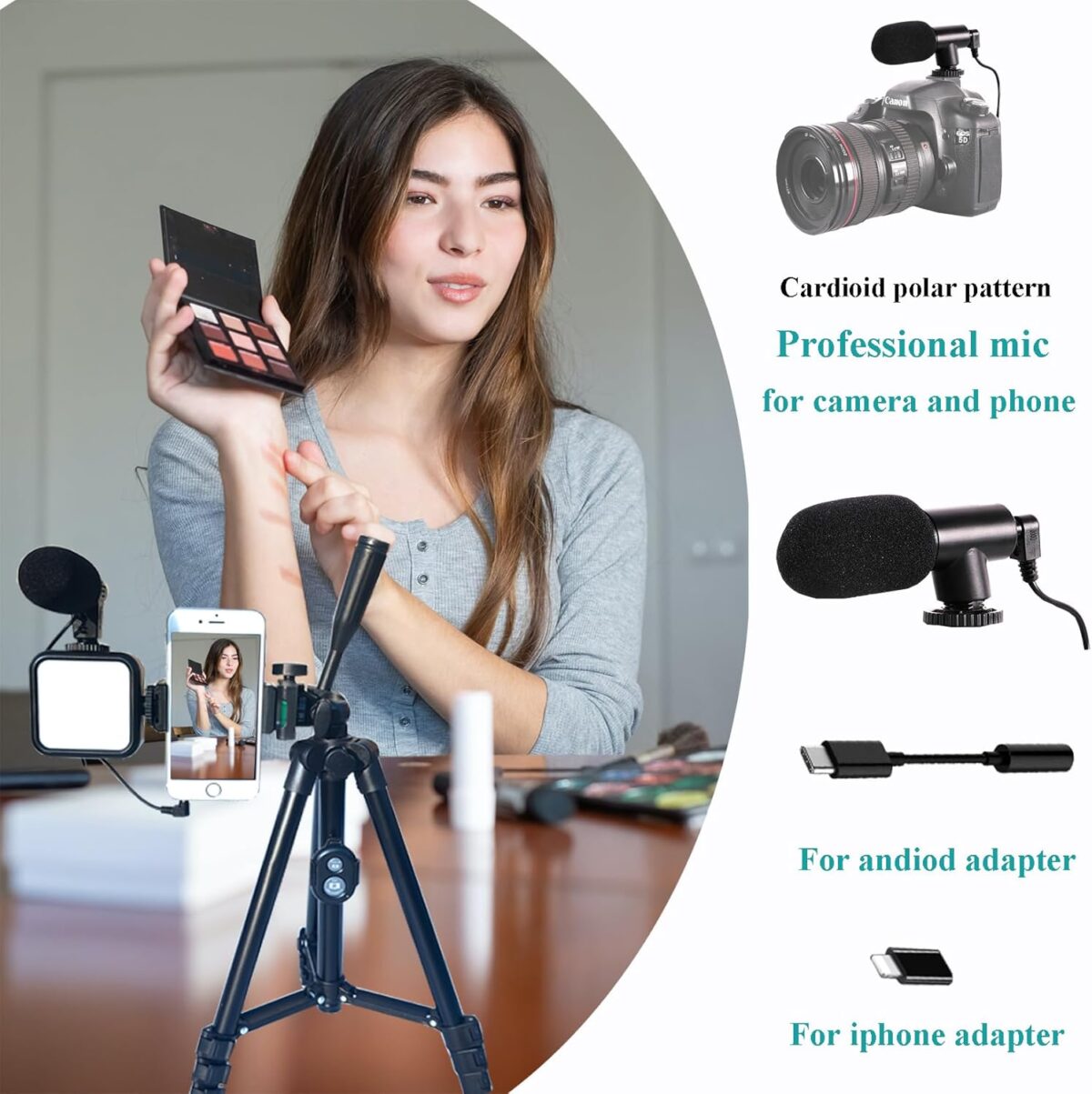 Vlogging Kit for iPhone, Vlogging kit for Android Phone,YouTube Starter Kit with Two Tripods Light Microphone Remote and Jack Adapter - Image 5