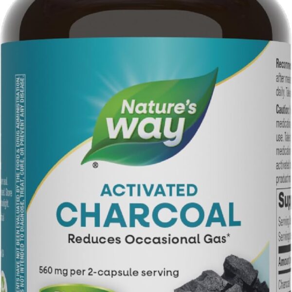 Nature's Way Activated Charcoal, Binds Unwanted Materials and Gas in the Digestive Tract*, 560 mg per 2-Capsule Serving, 100 Capsules (Packaging May Vary)