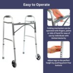 Foldable Lightweight Two Button Walker with 5” Wheels, Includes Ski Glides - Folding Design Ideal for Seniors and Elderly Adults - Adjustable for Tall Men and Women - Standing Handicap Mobility Aids - Image 3