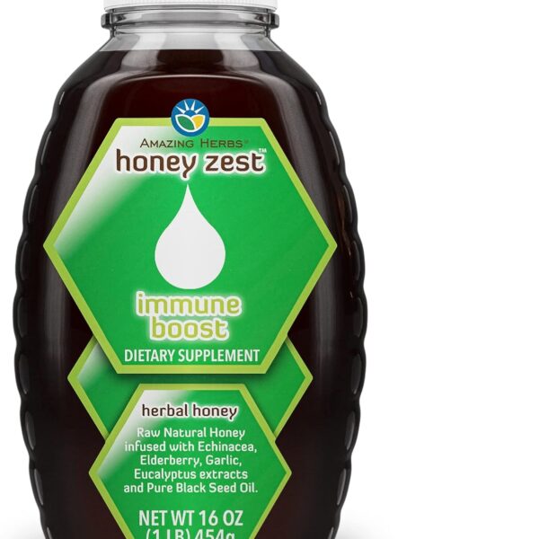 Amazing Herbs Raw Natural Honey - Herbal Honey Infused with Echinacea, Elderberry, Garlic, Eucalyptus Extracts & Pure Black Seed Oil, Non GMO, Gluten Free - Honeyzest Immune Boost, 16 Fl Oz