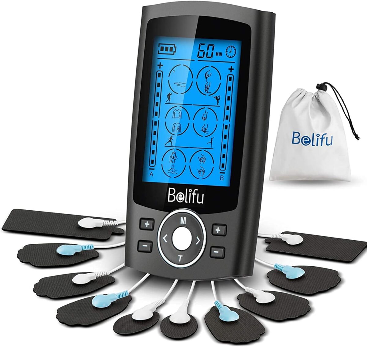 Belifu Dual Channel TENS EMS Unit 24 Modes Muscle Stimulator for Pain Relief Therapy, Electronic Pulse Massager Muscle Massager with 10 Pads, Dust-Proof Drawstring Storage Bag, Fastening Cable Ties - Image 1