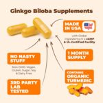Turmeric Curcumin with Black Pepper and Ginkgo Biloba supplements. Natural Turmeric Supplement with Organic Tumeric to aid Joint Health, Brain Clarity, Focus, Memory, and Concentration. Vegan. 60 Caps - Image 4