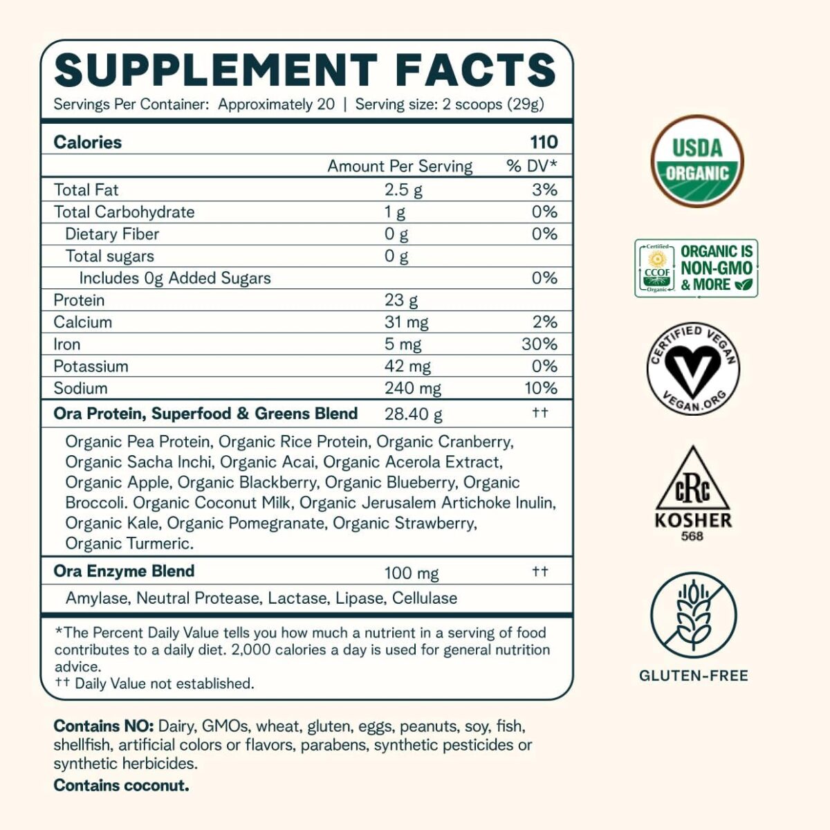 Ora Organic Vegan Protein Powder - 23g Plant Based Pea Protein + Superfood for Women and Men - Unsweetened 20 Servings, No Erythritol, Digestive Enzyme, Keto-Friendly, Gluten-Free, Paleo, Soy-Free - Image 6