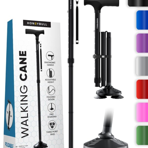 HONEYBULL Walking Cane for Men & Women - Foldable, Adjustable, Collapsible, Free Standing Cane, Pivot Tip, Heavy Duty | Walking Sticks, Folding Canes for Seniors & Adults (Black, Pivot Cane)