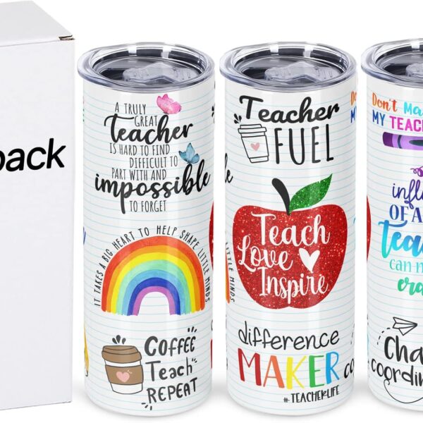 4 Pack Teacher Appreciation Gifts, Teacher Gifts from Student, Teacher Appreciation Week Gifts, 20 oz Skinny Teacher Tumbler for Teacher Week, Birthday, Back to School, Christmas