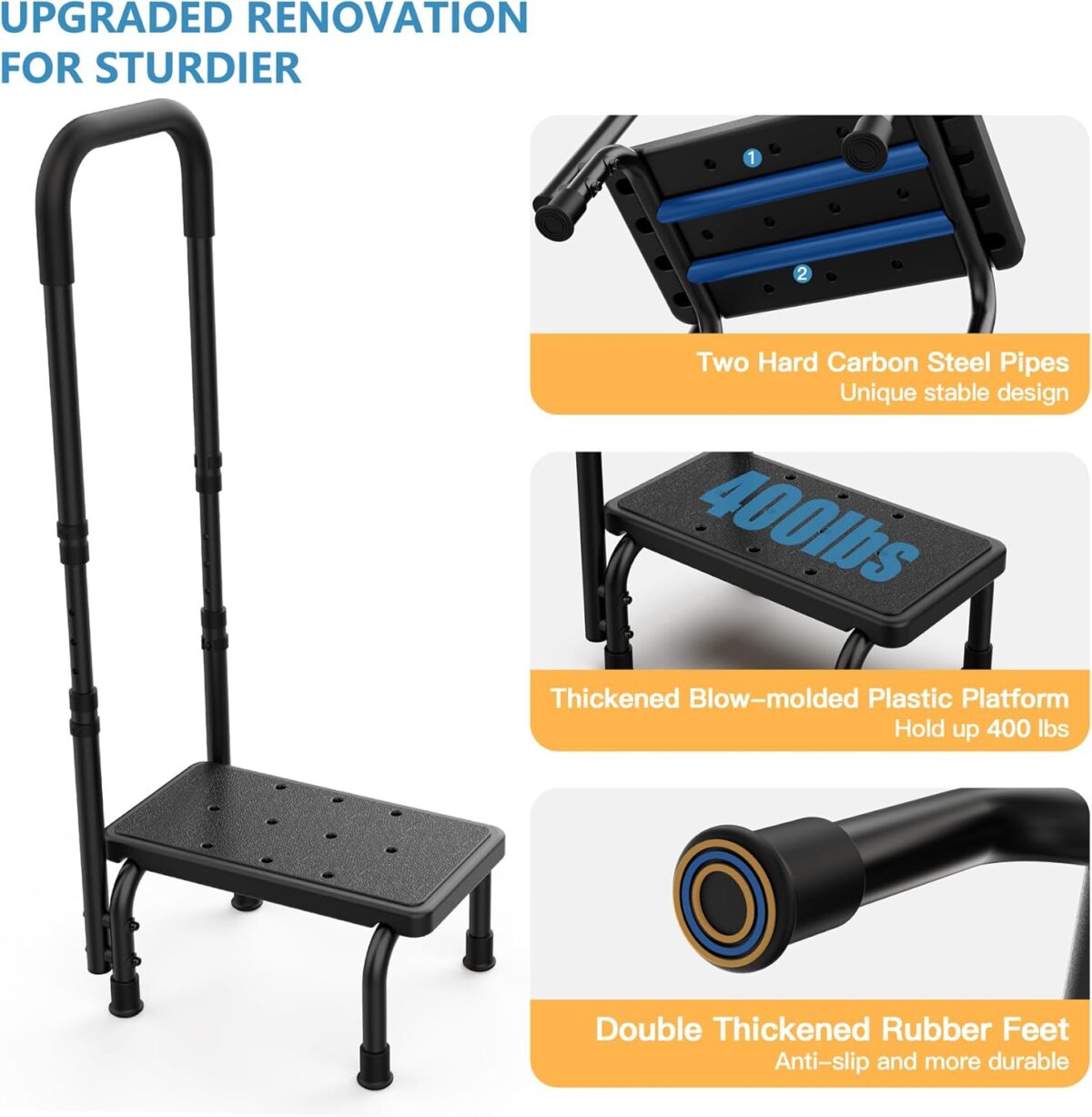 Step Stool with Handle for Elderly, Non Skid Platform & Adjustable Handrail, Medical Stepping Stool for High Bed Mobility & Daily Living Aids, Bedside Car Stair Lift for Senior Adults 400lbs - Image 3