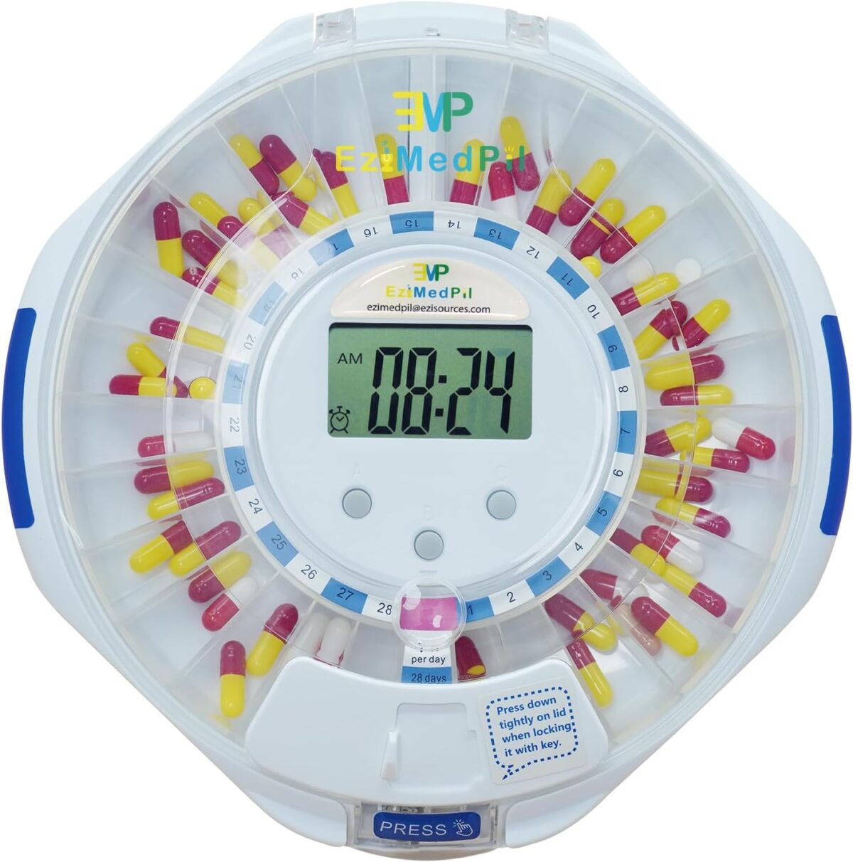 EziMedPil Automatic Pill Dispenser w/Audio & Visual Alerts, up to 6 Alarms/day, Easy-Read LCD Display, 6 Dosage Templates, Lock Medication Dispenser w/Key for Vitamins, Prescriptions & More, Clear Lid - Image 1