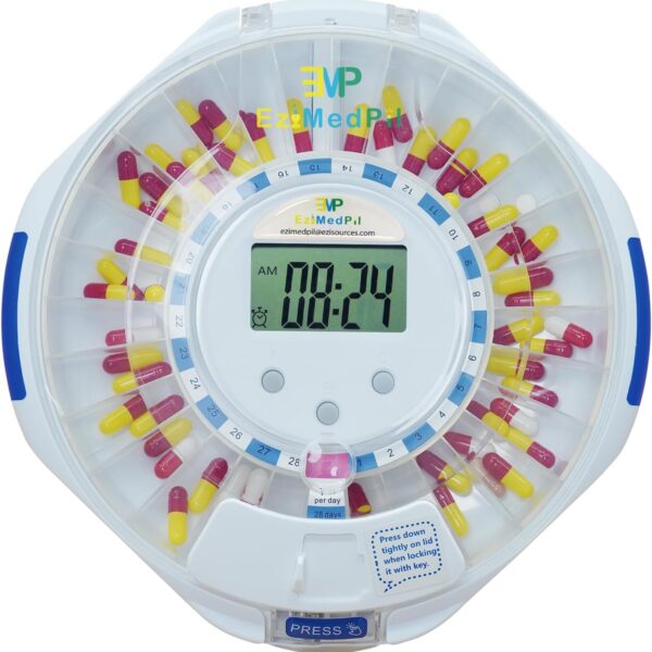 EziMedPil Automatic Pill Dispenser w/Audio & Visual Alerts, up to 6 Alarms/day, Easy-Read LCD Display, 6 Dosage Templates, Lock Medication Dispenser w/Key for Vitamins, Prescriptions & More, Clear Lid