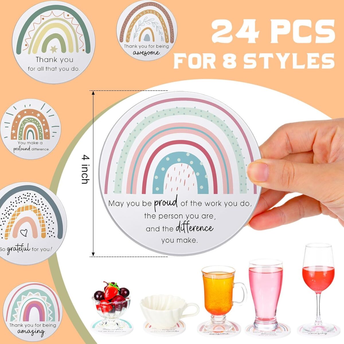Set of 24 Thank You Appreciation Coasters Set, Ceramic Absorbent Drinks Coasters with Cork, Water Absorbent Cute Cup Mat Gifts for Teacher Employee(Fresh Style,Set of 24) - Image 2