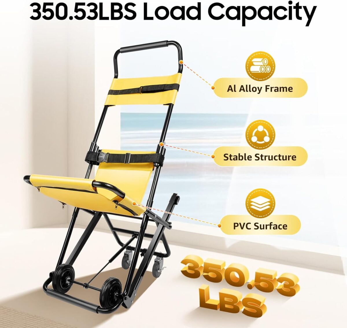 Manual Lift Stair Chair, Portable Aluminum Alloy Folding Transportation Stair Chair,for Daily Transfer Evacuation Chair to Assist Moving Elderly Lift Chair, 350 lbs Weight Capacity USA Stock - Image 5