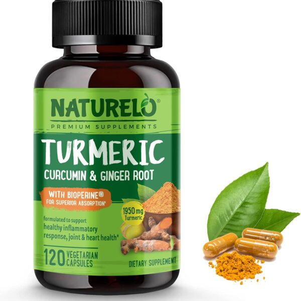 NATURELO Turmeric Curcumin - BioPerine for Better Absorption - Black Pepper, Ginger Root, Curcuminoids - Plant-Based Joint Discomfort Support - 120 Vegan Capsules