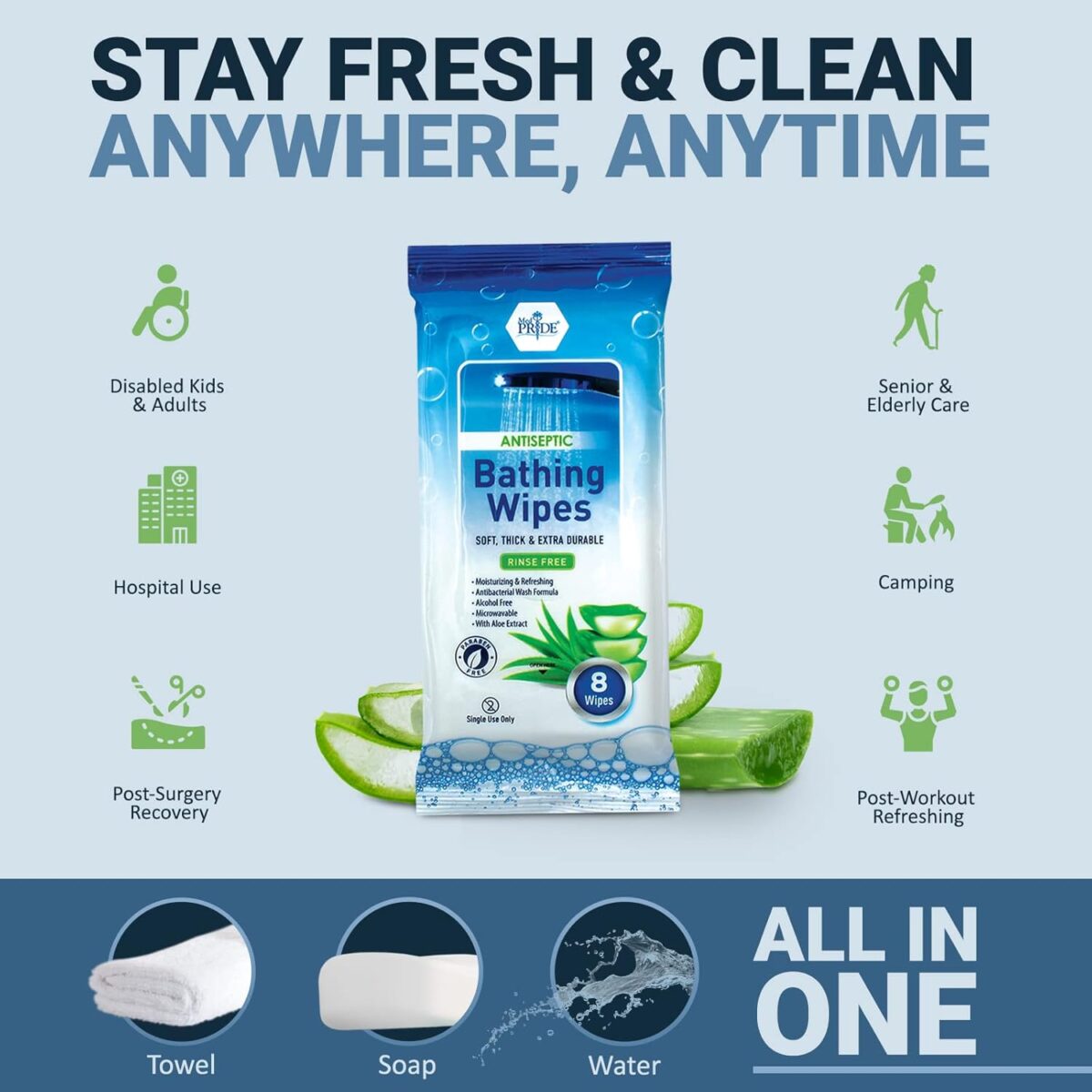 MED PRIDE Hospital Adult No Rinse Bath Wipes for Women, Thick Microwavable Disposable Wipes with Aloe Vera, 96 Count (12 Packs) - Image 2