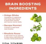 Vital Vitamins Brain Supplements for Memory & Focus - Nootropics Brain Support for Clarity, & Energy - with Ginkgo Biloba, Rhodiola Extract - 30 Capsules - Image 3