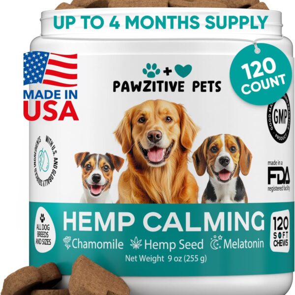 Hemp Calming Chews for Dogs - Dog Calming Chews for Anxiety Relief, Stress, Separation, Fireworks, Thunder, Travel, Vet Visits - USA Product - 120 Soft Treats with Melatonin, Chamomile, Passion Flower