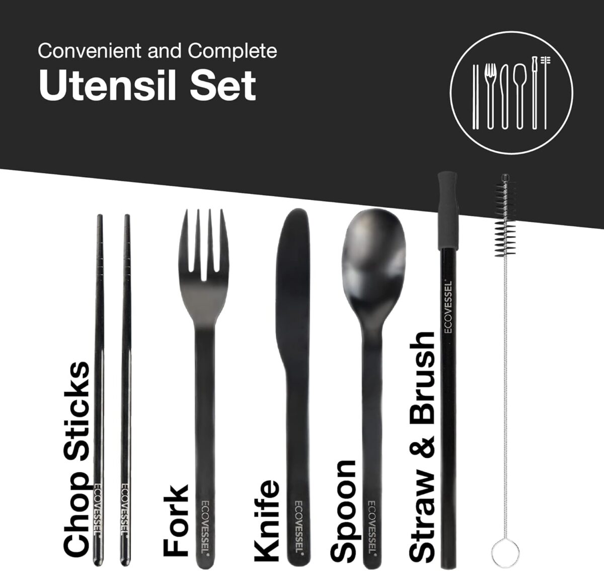 EcoVessel WANDERWARE Stainless Steel Utensils Set, Reusable Cutlery Set with Carry Case Camping Accessories, Travel Utensils With Case – 6 Pcs (Black Smoke) - Image 2