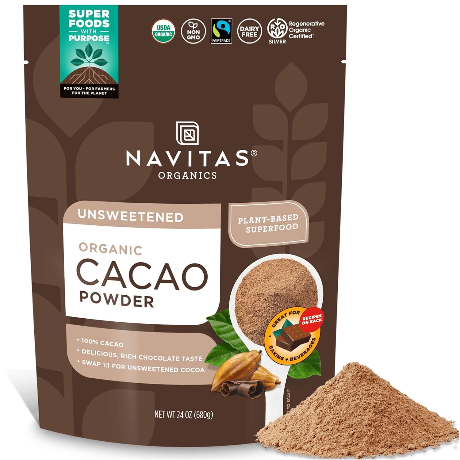 71mtTzdCMmL._SL1500_.jpg Navitas Organics Organic Cacao Powder, Non-GMO, Fair Trade, Gluten-Free, 24 Ounce - Image 1