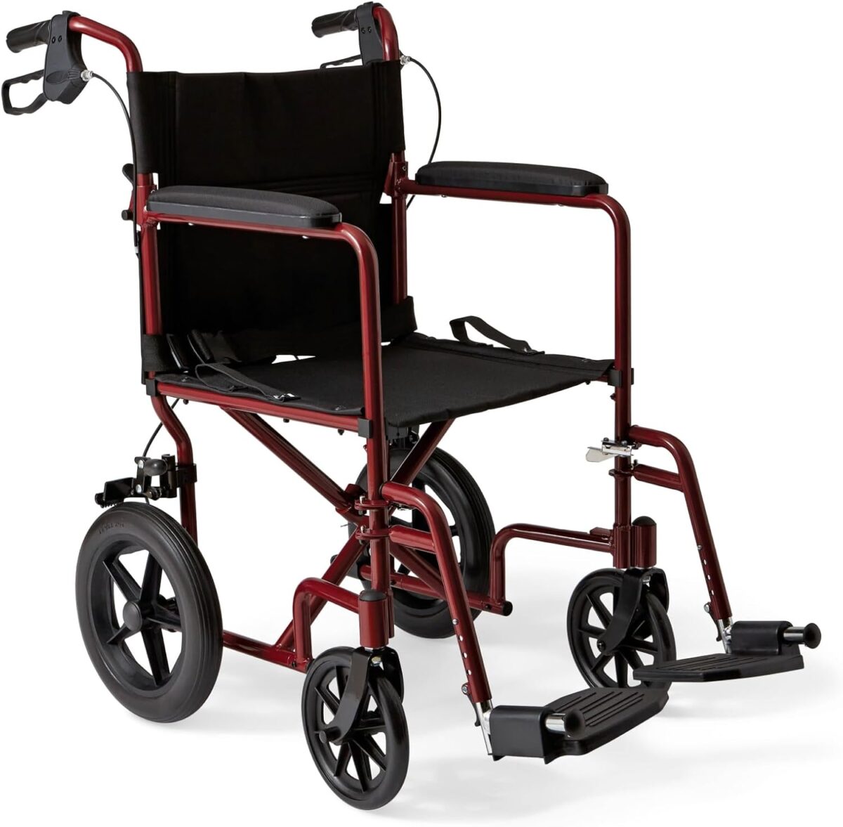 Medline Lightweight Foldable Transport Wheelchair with Handbrakes and 12-Inch Wheels, Red Frame, Black Upholstery - Image 1