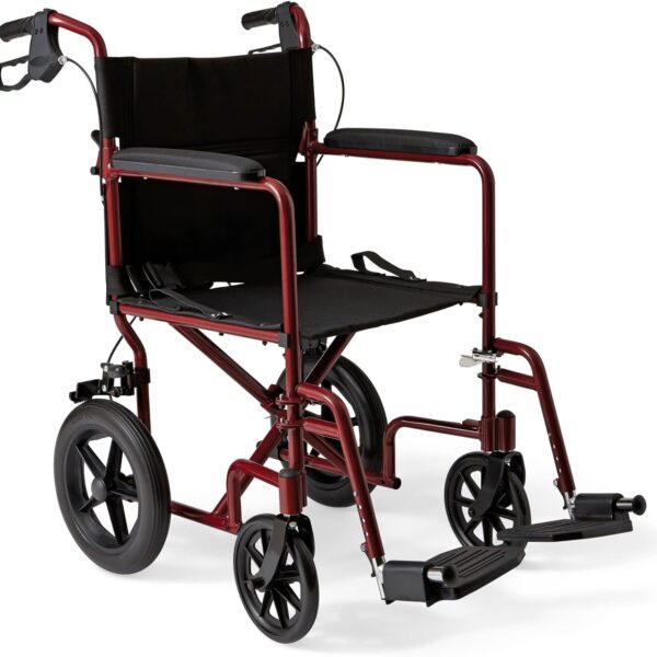Medline Lightweight Foldable Transport Wheelchair with Handbrakes and 12-Inch Wheels, Red Frame, Black Upholstery
