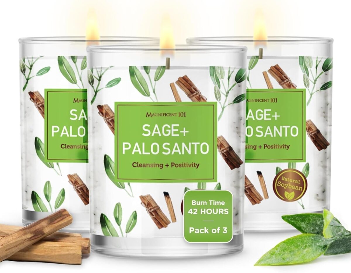 Magnificent 101 3 Long Lasting Pure Sage + Palo Santo Candles | 3.5 Oz Each - 42 Hour Burn | Natural, Organic Soy Candles for House Energy Cleansing & Manifestation Sage Smudge Kit Incense - Image 1