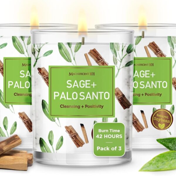 Magnificent 101 3 Long Lasting Pure Sage + Palo Santo Candles | 3.5 Oz Each - 42 Hour Burn | Natural, Organic Soy Candles for House Energy Cleansing & Manifestation Sage Smudge Kit Incense
