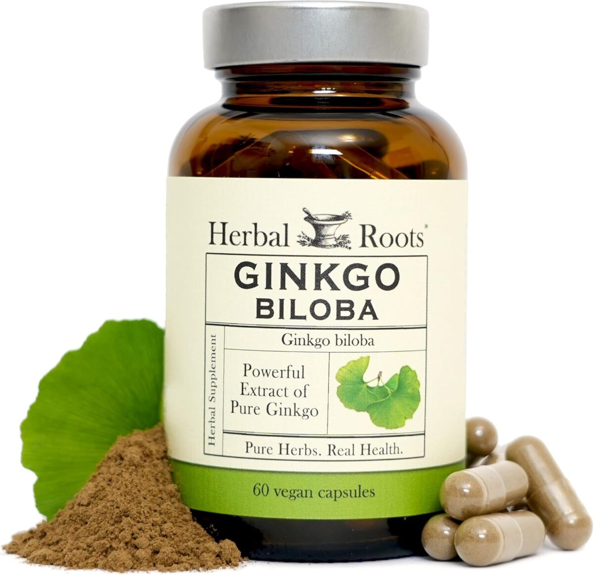 Herbal Roots Organic Ginkgo Biloba Made with Pure Organic Ginkgo Leaf - 1,400mg per Serving, 60 Vegan Capsules - Image 1