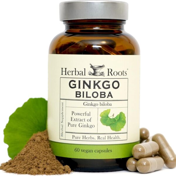 Herbal Roots Organic Ginkgo Biloba Made with Pure Organic Ginkgo Leaf - 1,400mg per Serving, 60 Vegan Capsules
