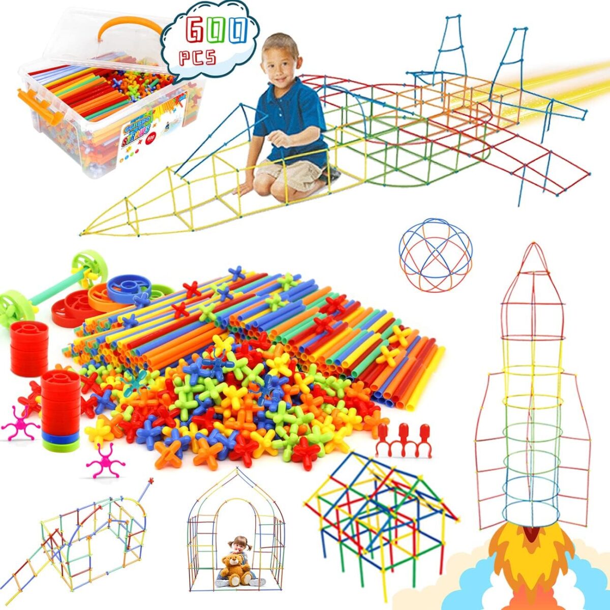 Straw Constructor Toys STEM Building 600Pcs Toy Interlocking Plastic Engineering Thin Tube Blocks Educational Kit for 3 4 5 6 7years Kids Boys and Girls Gift - Image 1