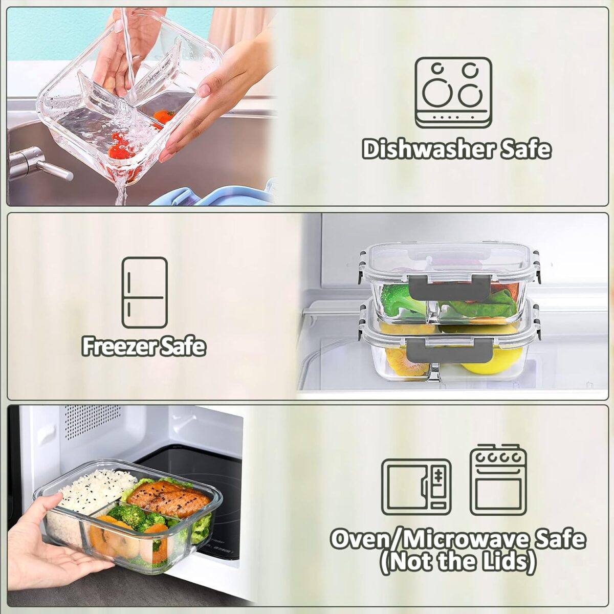 M MCIRCO [5-Pack, 36 oz] Glass Meal Prep Containers 3 Compartment with Lids, Glass Lunch Containers,Food Prep Lunch Box,Bento Box,Microwave, Oven, Freezer, Dishwasher (4.5 Cups) - Image 4
