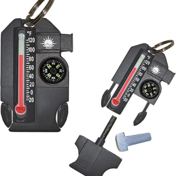 Sun Company Outsider - 4-in-1 Survival Multi-Tool | Compass, Thermometer, Whistle, and Fire Starter in a Compact Zipper Pull | Outdoor Gadget for Backpacking, Camping, or Survival Situations